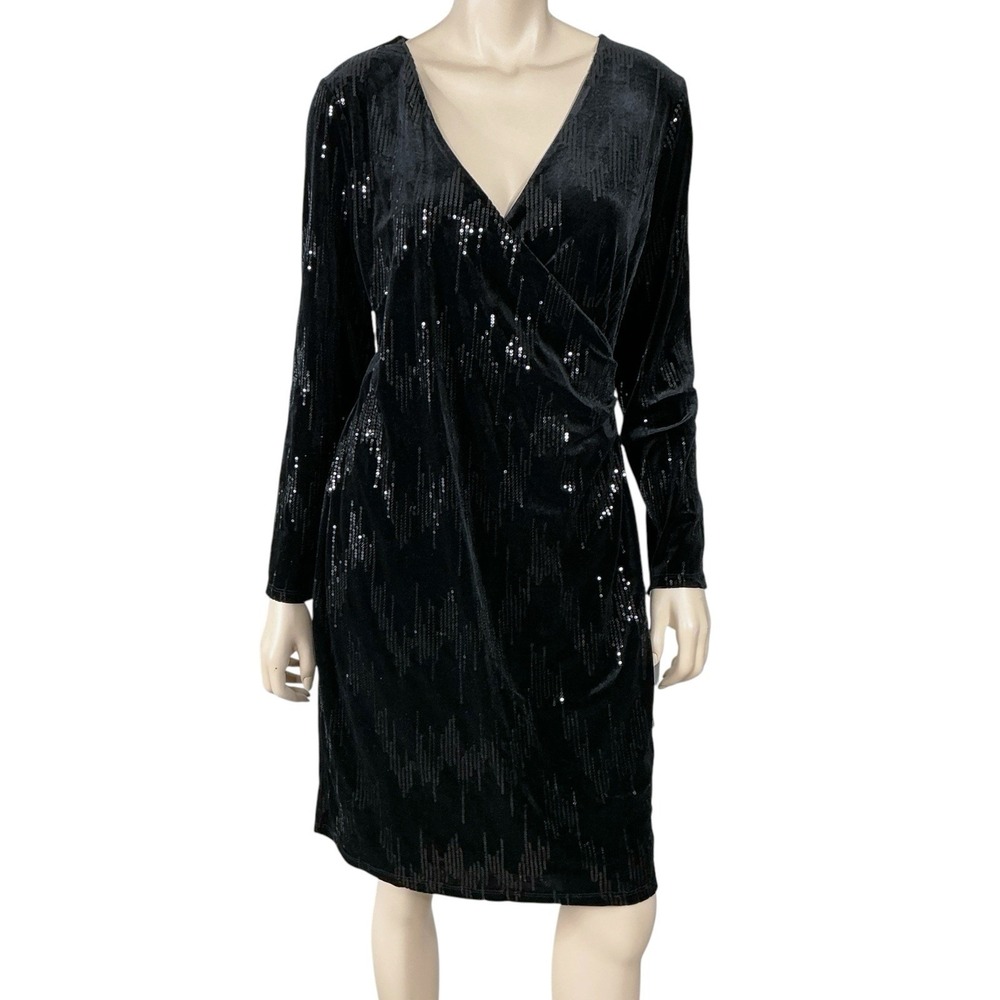 Ivanka Trump Dress Women Size 12 Black Long Sleeve Wrap Velour Sequins NWT
